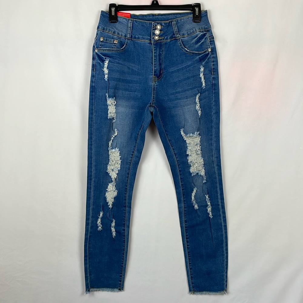NWT Medium Wash Blue Distressed High Waisted Jeans - Size 8